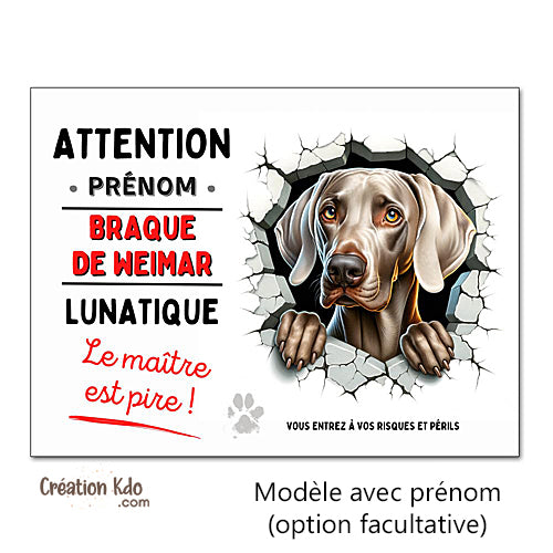 Plaque Braque de Weimar lunatique Attention au chien panneau portail