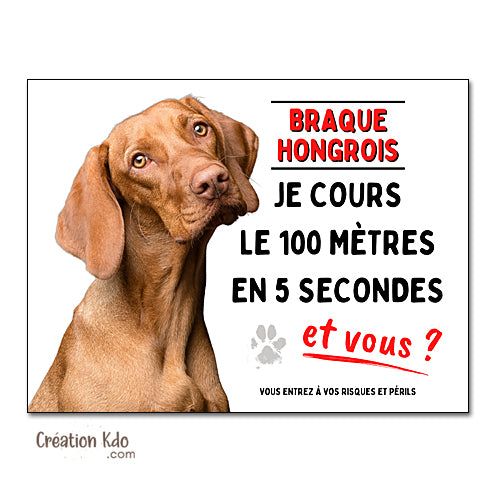Plaque chien Attention Braque Hongrois Je cours le 100 mètres (Vizsla)