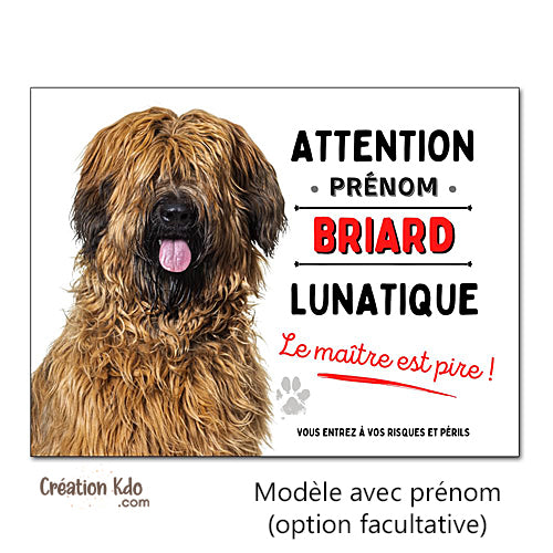 Plaque Briard lunatique (fauve) Panneau portail attention au chien drôle