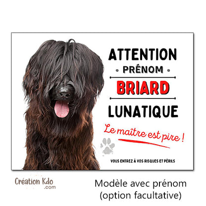 Plaque Briard lunatique Panneau portail attention au chien drôle