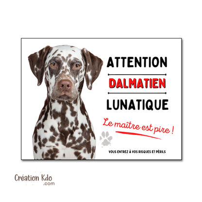 Plaque Dalmatien marron lunatique Panneau drôle attention au chien portail je monte la garde