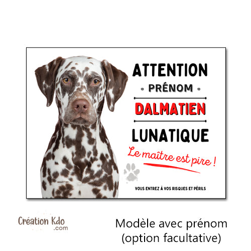 Plaque Dalmatien marron lunatique Panneau drôle attention au chien portail