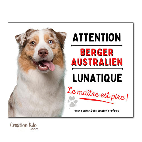 berger australien rouge merle plaque attention au chien panneau portail je monte la garde