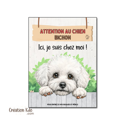 plaque attention au chien bichon panneau monte la garde