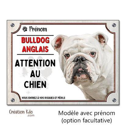 pancarte attention au chien bulldog anglais panneau monte la garde plaque portail personnalisée prénom