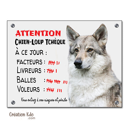 plaque chien loup tchèque ou saarloos attention au chien panneau portail je monte la garde