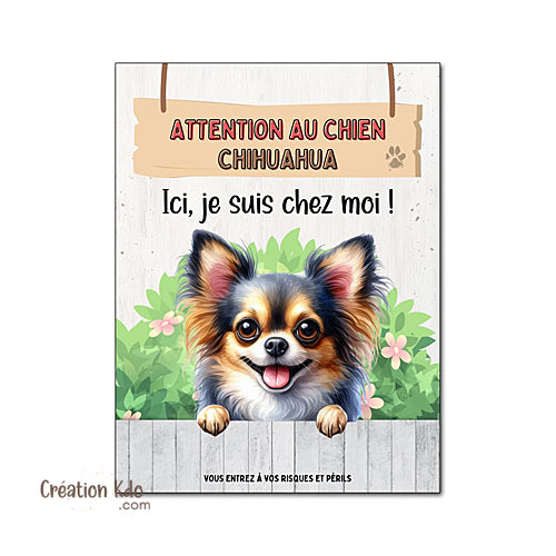 Plaque Attention au Chien Chihuahua Ici, je suis chez moi ! Panneau pelage tricolore poils longs