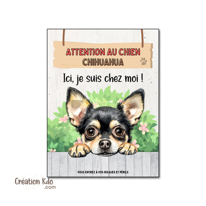 Plaque Attention au Chien Chihuahua Ici, je suis chez moi ! Panneau pelage tricolore poils courts