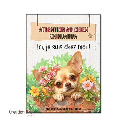 Plaque Attention au Chien Chihuahua Ici, je suis chez moi ! Panneau