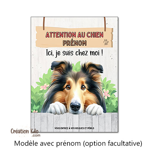 Plaque Colley Attention au chien Ici, je suis chez moi ! panneau portail