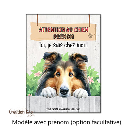 Plaque Colley Attention au chien Ici, je suis chez moi ! panneau portail