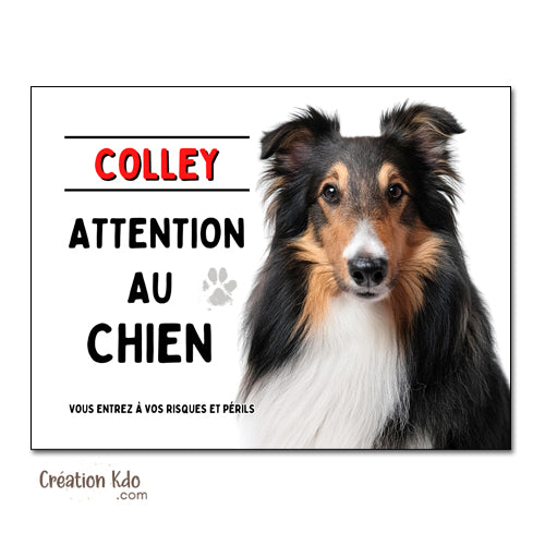Plaque Colley Attention au chien Panneau portail pelage tricolore