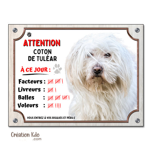 panneau coton de tuléar plaque attention au chien personnalisable