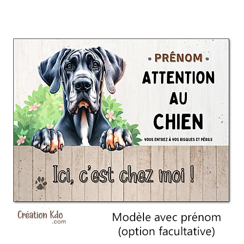 Plaque Attention au chien Dogue Allemand Ici, c'est chez moi Panneau portail Déco