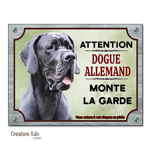 Plaque Dogue Allemand monte la garde Panneau attention au chien portail fond vert
