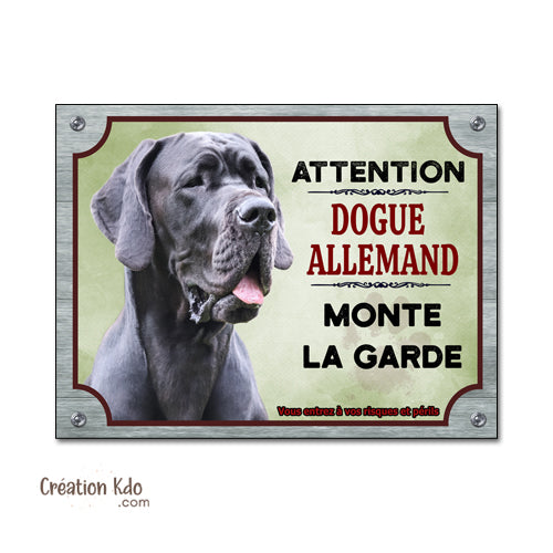 Plaque Dogue Allemand monte la garde Panneau attention au chien portail