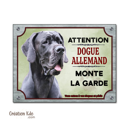 Plaque Dogue Allemand monte la garde Panneau attention au chien portail