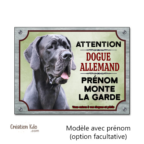 Plaque Dogue Allemand monte la garde Panneau attention au chien portail personnalisé