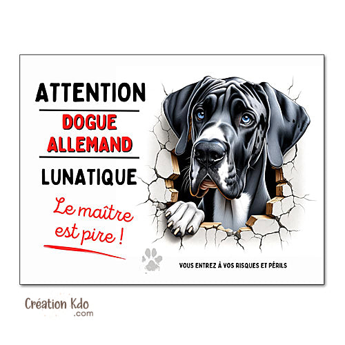 Plaque Dogue Allemand Panneau humour chien lunatique le maître est pire