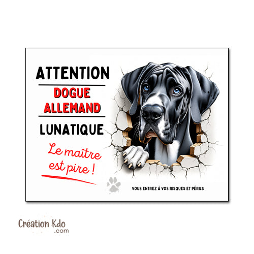 Plaque Dogue Allemand Panneau humour chien lunatique le maître est pire