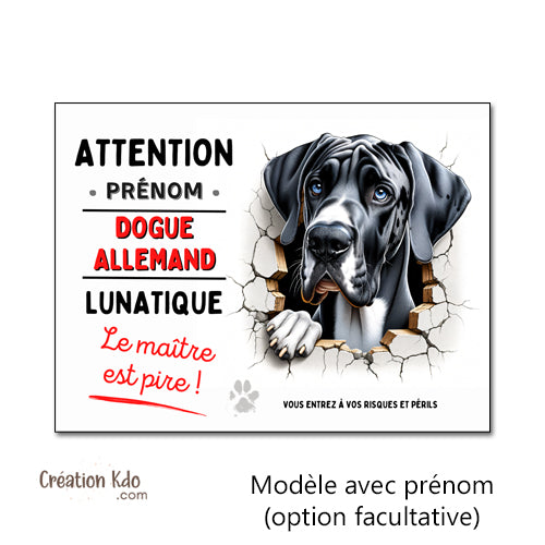 Plaque Dogue Allemand Panneau humour chien lunatique le maître est pire
