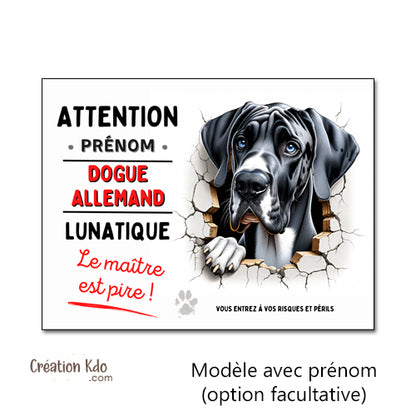 Plaque Dogue Allemand Panneau humour chien lunatique le maître est pire
