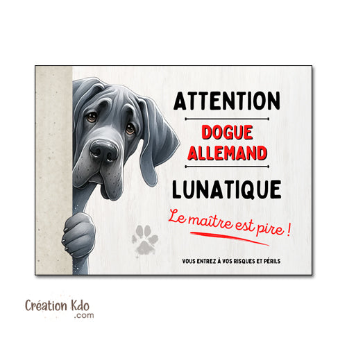 Plaque Dogue Allemand gris mignon Panneau portail humour chien lunatique monte la garde