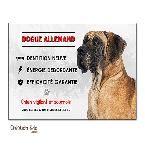 Plaque Dogue Allemand vigilant et sournois Panneau attention au chien portail