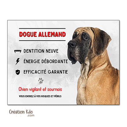 Plaque Dogue Allemand vigilant et sournois Panneau attention au chien portail