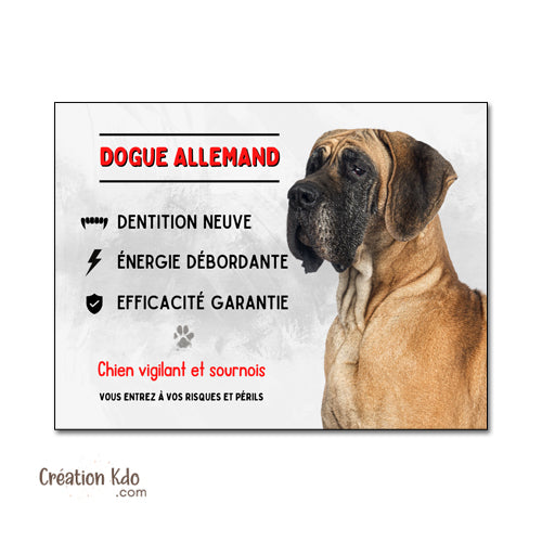 Plaque Dogue Allemand vigilant et sournois Panneau attention au chien portail