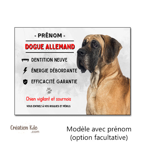 Plaque Dogue Allemand vigilant et sournois Panneau attention au chien portail