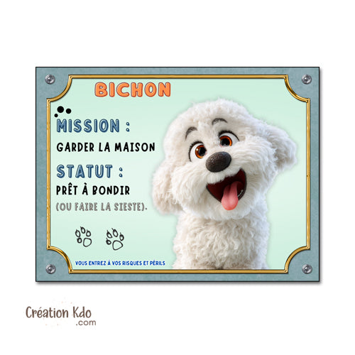 plaque bichon maltais panneau attention au chien pancarte je monte la garde humour cartoon