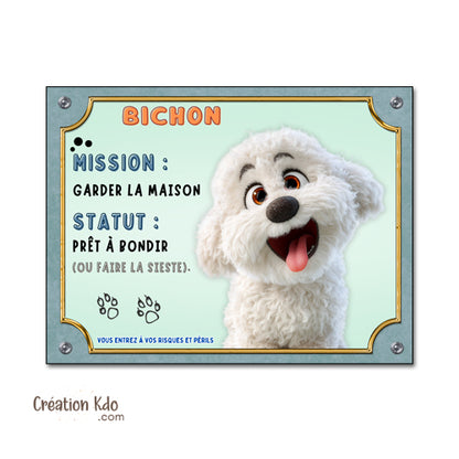 plaque bichon maltais panneau attention au chien pancarte je monte la garde humour cartoon