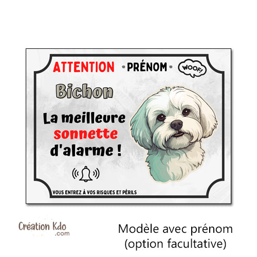 plaque humour bichon sonnette d'alarme panneau attention au chien