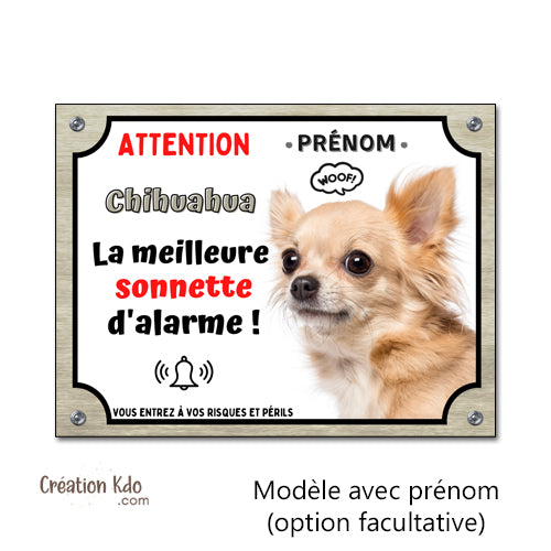 Plaque humour Chihuahua Attention au Chien la meilleure sonnette Panneau (pelage poils longs)