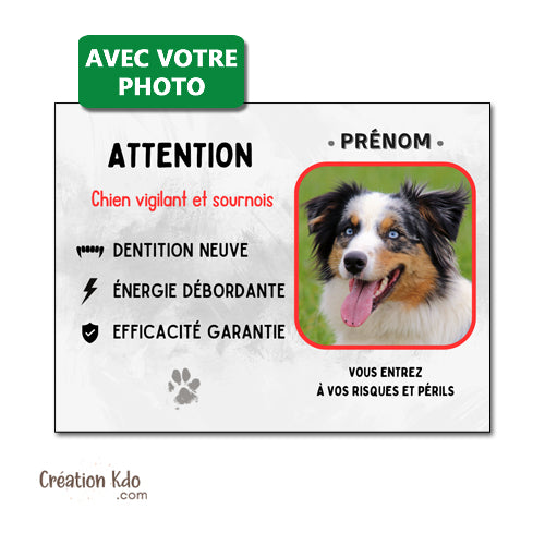 plaque chien vigilant personnalisée photo panneau portail monte la garde humour