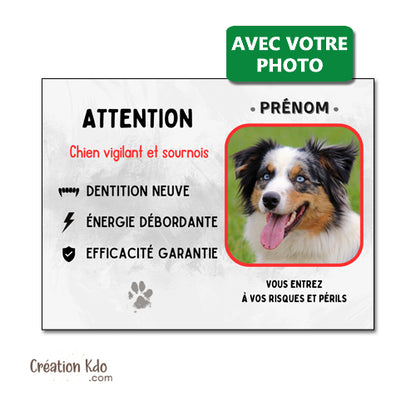 plaque chien vigilant personnalisée photo panneau portail monte la garde humour