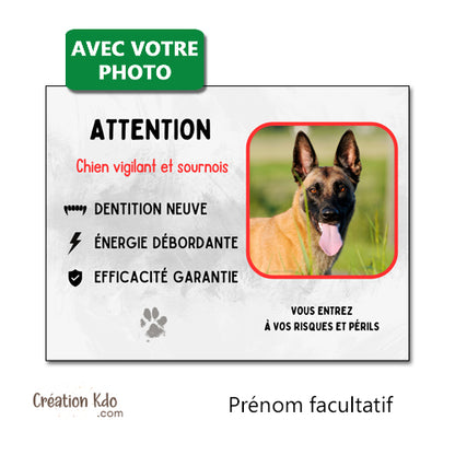 plaque aluminium extérieure chien vigilant personnalisée photo panneau portail monte la garde humour