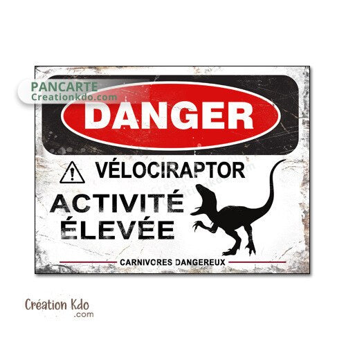 panneau danger dinosaure rétro area jurassic park plaque déco murale raptor vélociraptor