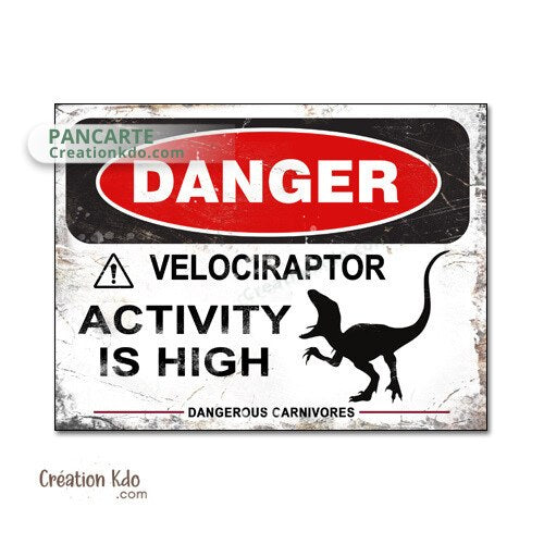 panneau danger dinosaure rétro area jurassic park plaque déco murale raptor vélociraptor