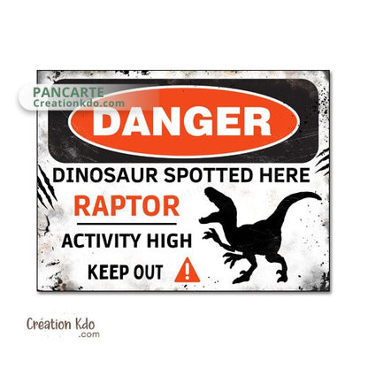 panneau danger dinosaure rétro area jurassic park plaque déco murale raptor vélociraptor