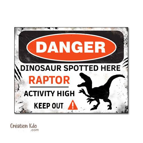 panneau danger dinosaure rétro area jurassic park plaque déco murale raptor vélociraptor