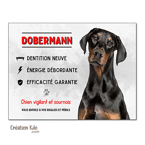 Plaque Dobermann vigilant et sournois Panneau chien portail pelage noir et feu