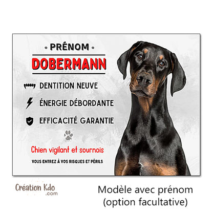 Plaque Dobermann vigilant et sournois Panneau chien portail pelage noir et feu