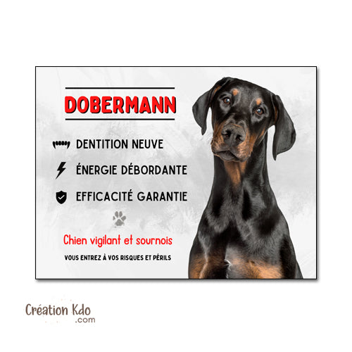 Plaque humoristique Dobermann vigilant et sournois Panneau chien portail pelage noir et feu