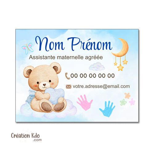 Plaque Assistante maternelle agréée personnalisée Panneau modèle ours et coeur thème bleu