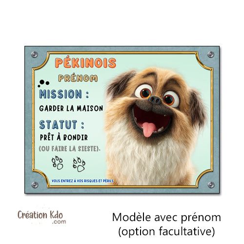 Panneau Pékinois Humour "Mission Garder la Maison" - Plaque Attention au chien personnalisée