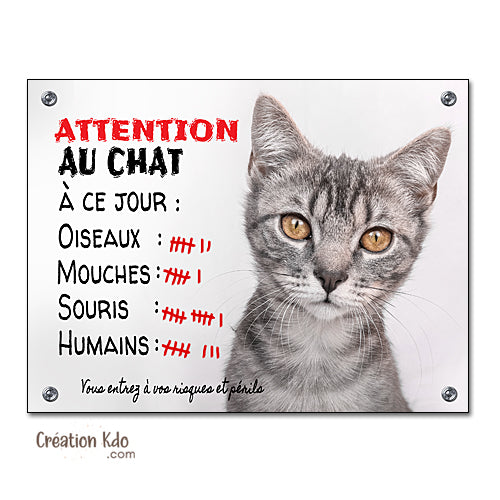 Plaque humour Attention au chat gris tigré à ce jour panneau