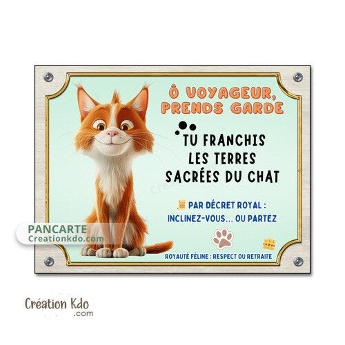 plaque humour attention au chat roux et blanc pancarte marrante panneau