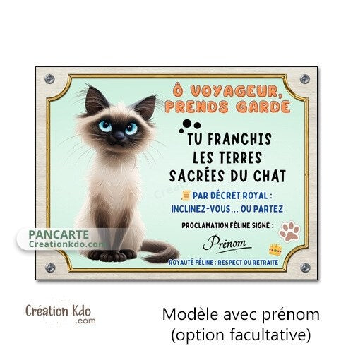 panneau attention au chat siamois plaque portail je monte la garde chats personnalisé